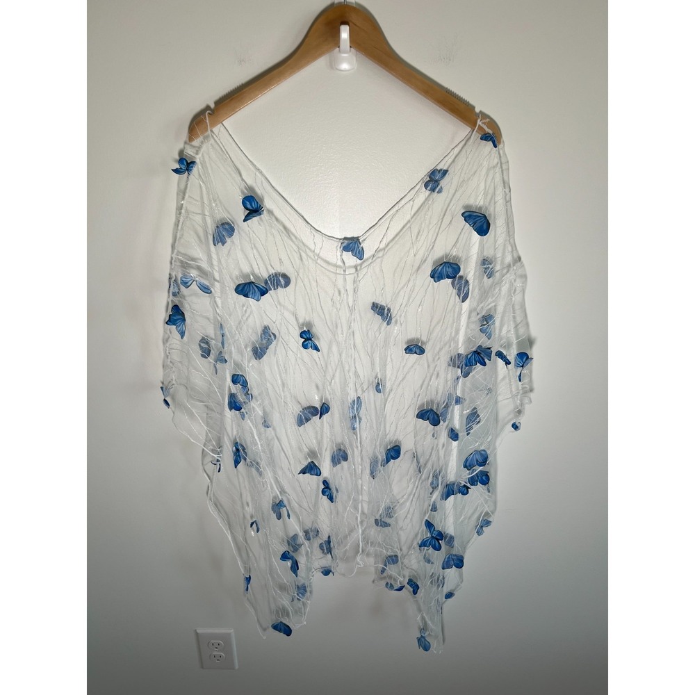Forest Fairy Boho Festival Rave Womens Poncho ONE SIZE Sheer Mesh Blue Butterfly